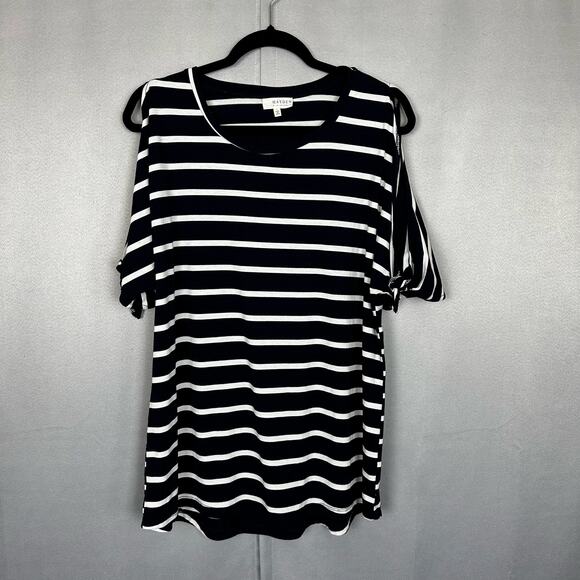 Women's Hayden Los Angeles Navy Blue & White Stripe Cold Shoulder Blouse- Size L - Picture 1 of 7